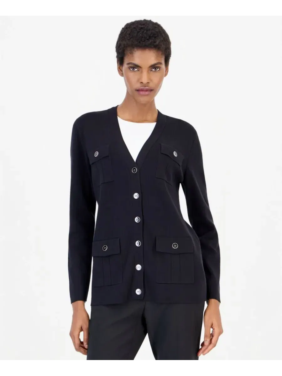 Кардиган с V-образным вырезом и четырьмя накладными карманами Anne Klein — изображение 1 из 4, черный