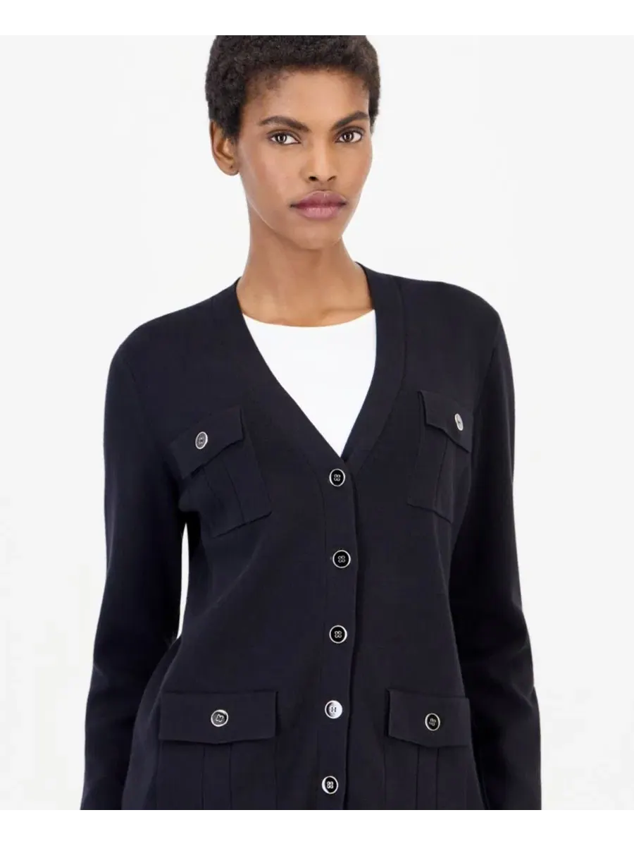 Кардиган с V-образным вырезом и четырьмя накладными карманами Anne Klein — изображение 2 из 4, черный