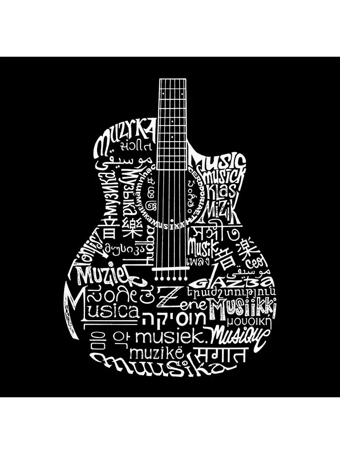 Мужская толстовка с круглым вырезом и гитарой Word Art Languages LA Pop Art — изображение 2 из 2, черный