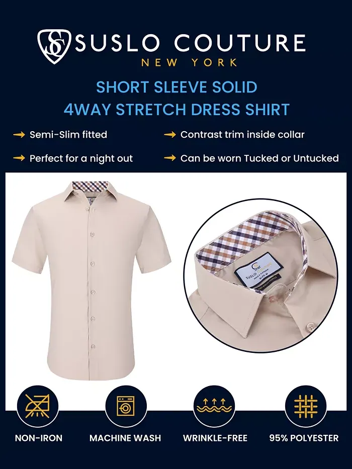 Мужская классическая рубашка с коротким рукавом Slim Fit Performance, однотонная Suslo Couture — изображение 5 из 7, белый
