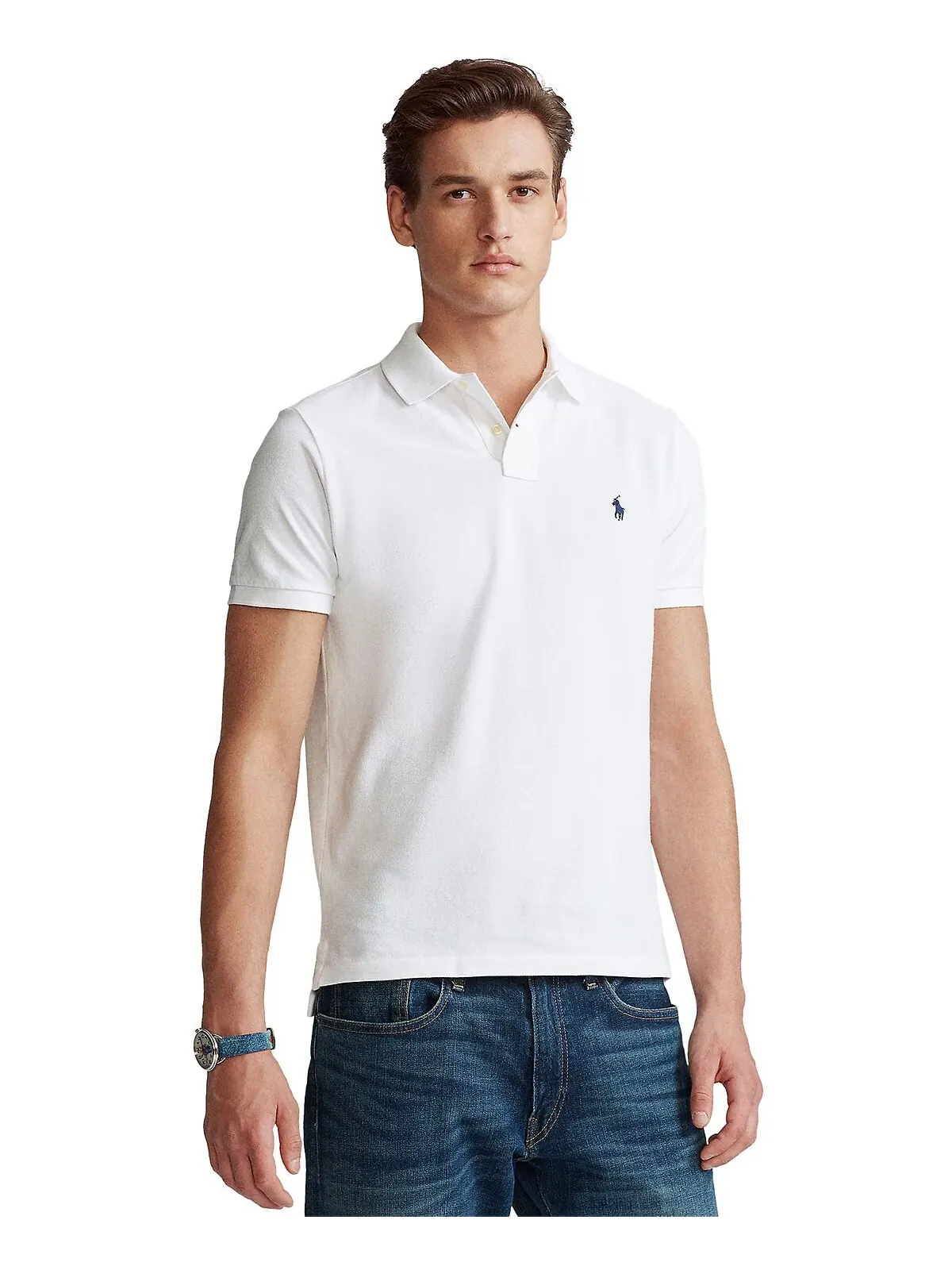 Мужская футболка-поло slim fit из сетчатой ​​ткани на заказ Polo Ralph Lauren — изображение 1 из 5, белый