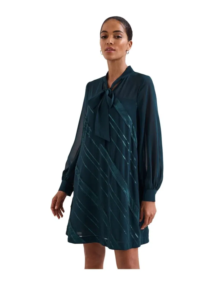 Платье-трапеция с пайетками Sonali Satin Embellished Long-Sleeve Dress Phase Eight — изображение 1 из 7, бирюзовый