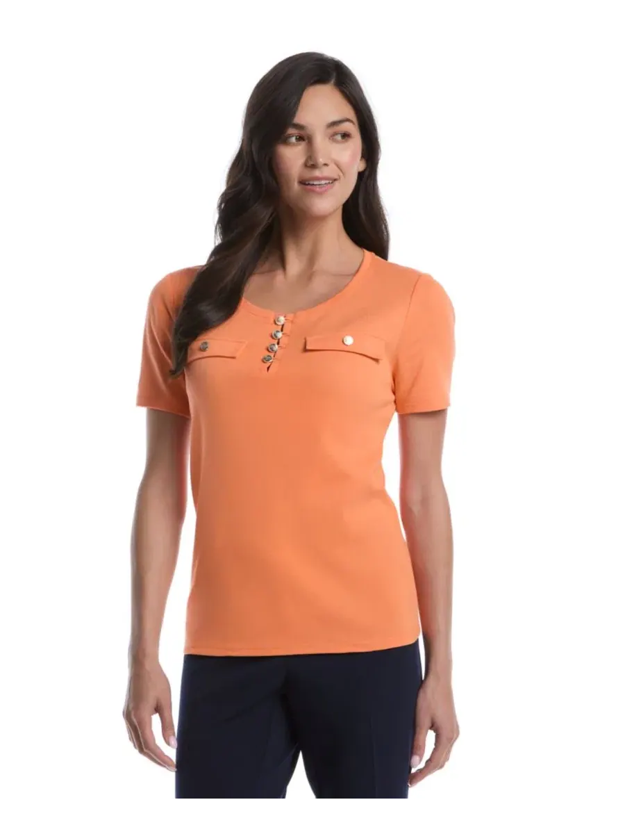 Топ с коротким рукавом Petite Welt Pocket Button Detail Short-Sleeve Top Rafaella — изображение 1 из 5, нектариновый