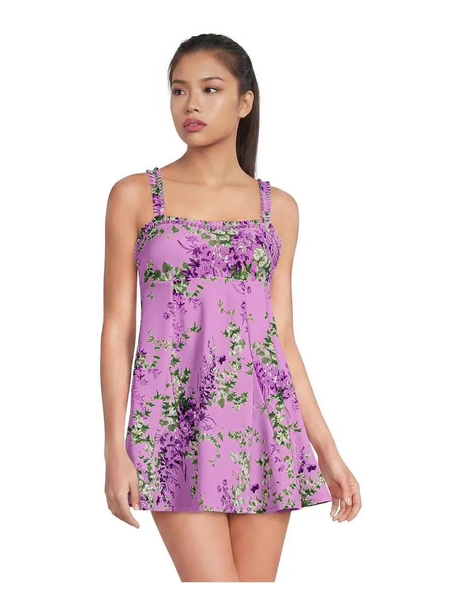 Платье для плавания Tugless Pleated Ruffle Swim Dress Lands' End — изображение 1 из 4, розовый/белый