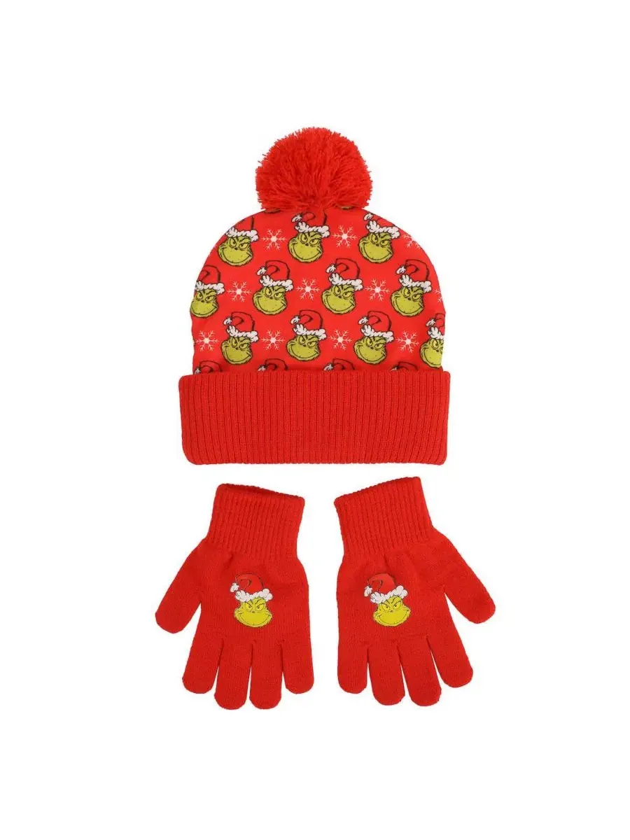 Комплект из вязаной шапки и перчаток с принтом The Grinch — зеленый