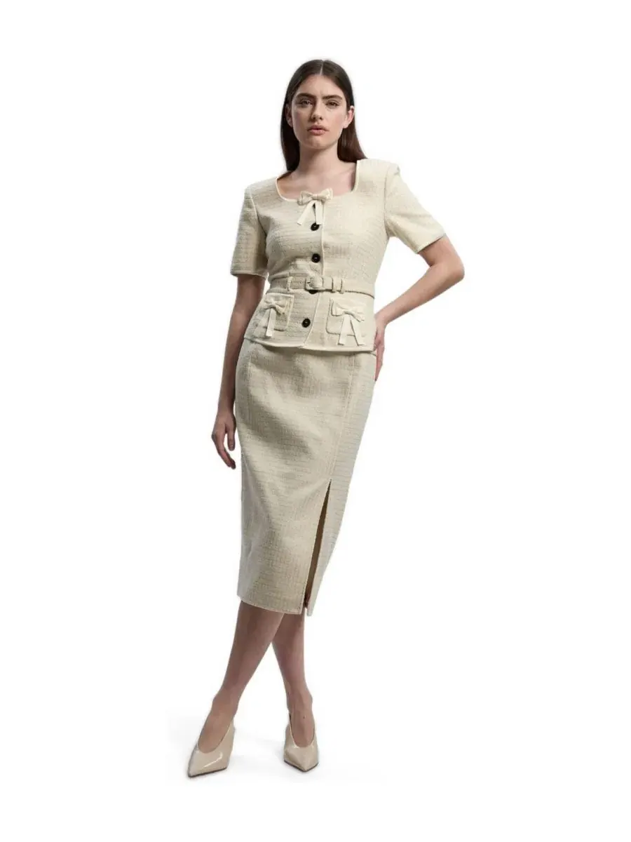 Платье-миди с баской и бантом, модель Tweed Bow Karen Millen — изображение 1 из 4, белый
