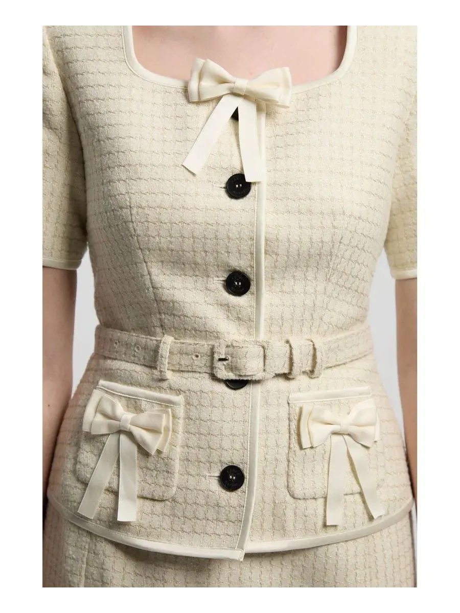 Платье-миди с баской и бантом, модель Tweed Bow Karen Millen — изображение 3 из 4, белый