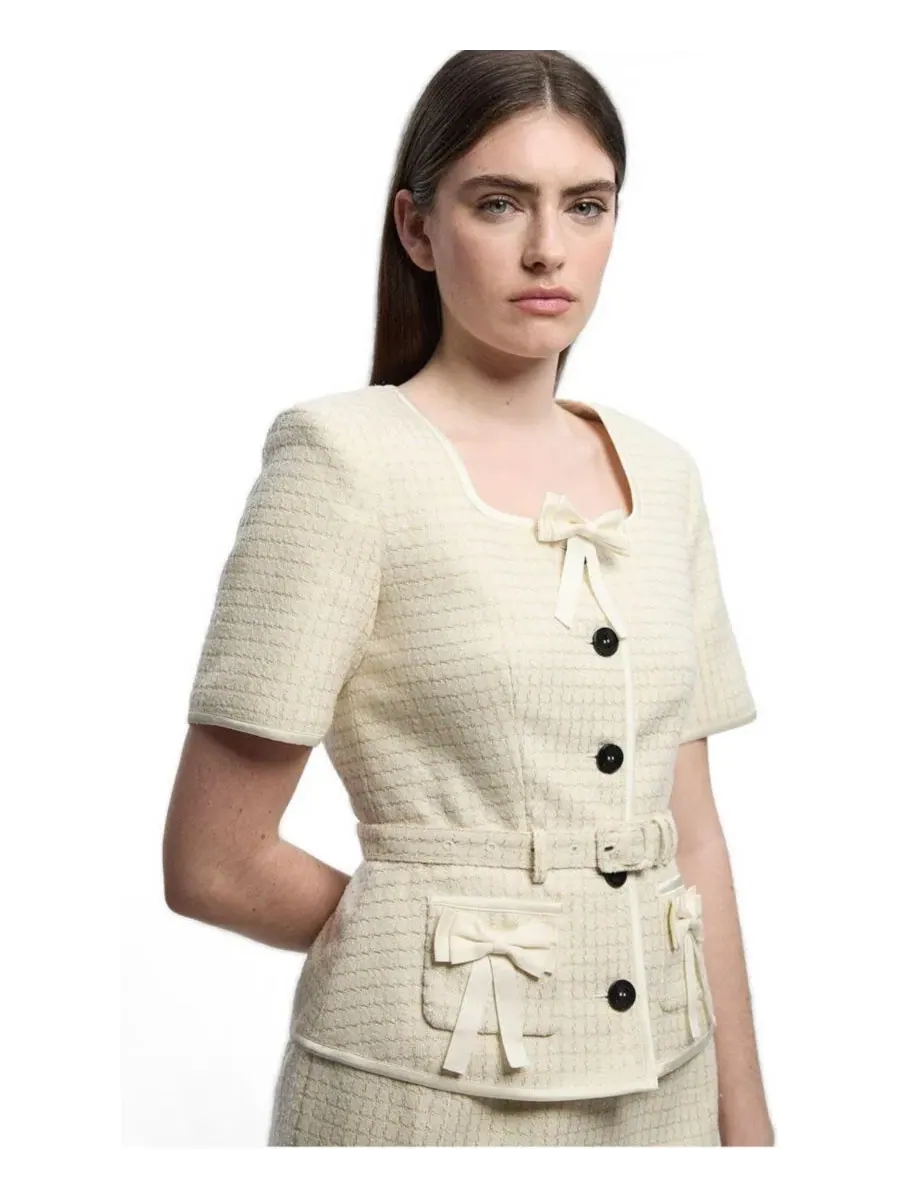 Платье-миди с баской и бантом, модель Tweed Bow Karen Millen — изображение 4 из 4, белый