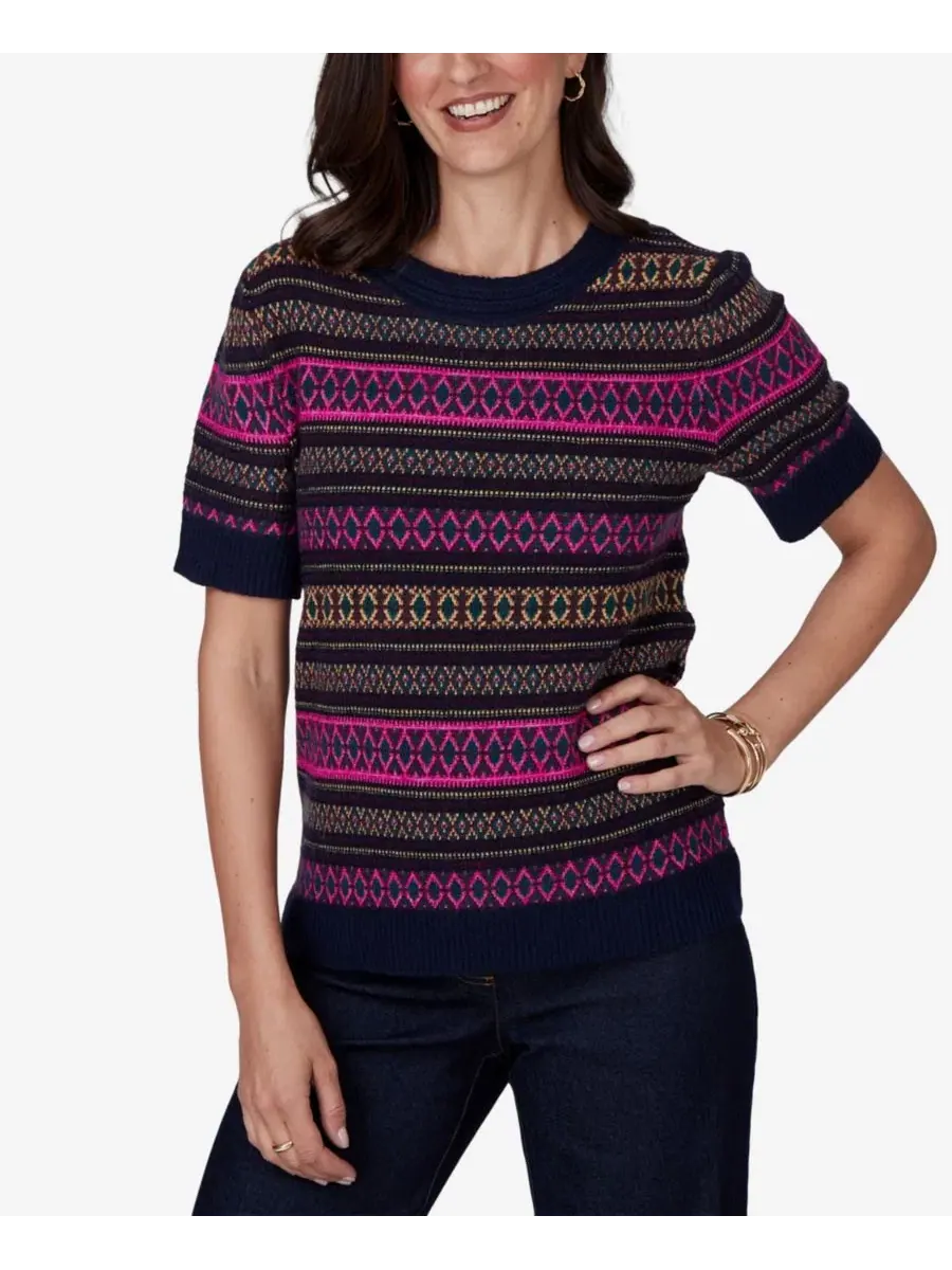 Свитер с коротким рукавом и круглым вырезом, модель Fair Isle Ruby Rd. — изображение 1 из 5, темно-синий мульти