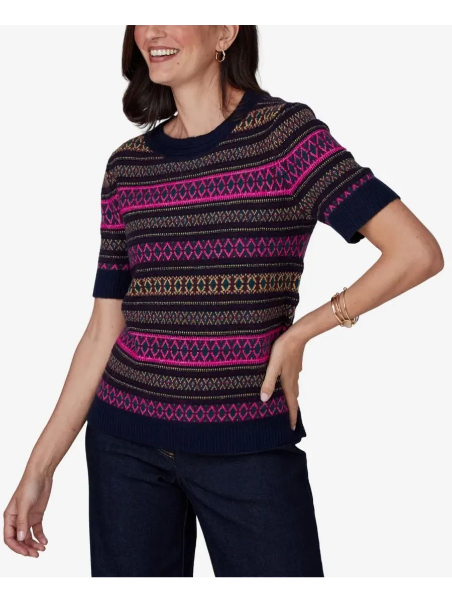 Свитер с коротким рукавом и круглым вырезом, модель Fair Isle Ruby Rd. — изображение 2 из 5, темно-синий мульти
