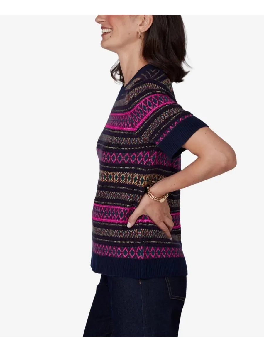 Свитер с коротким рукавом и круглым вырезом, модель Fair Isle Ruby Rd. — изображение 3 из 5, темно-синий мульти