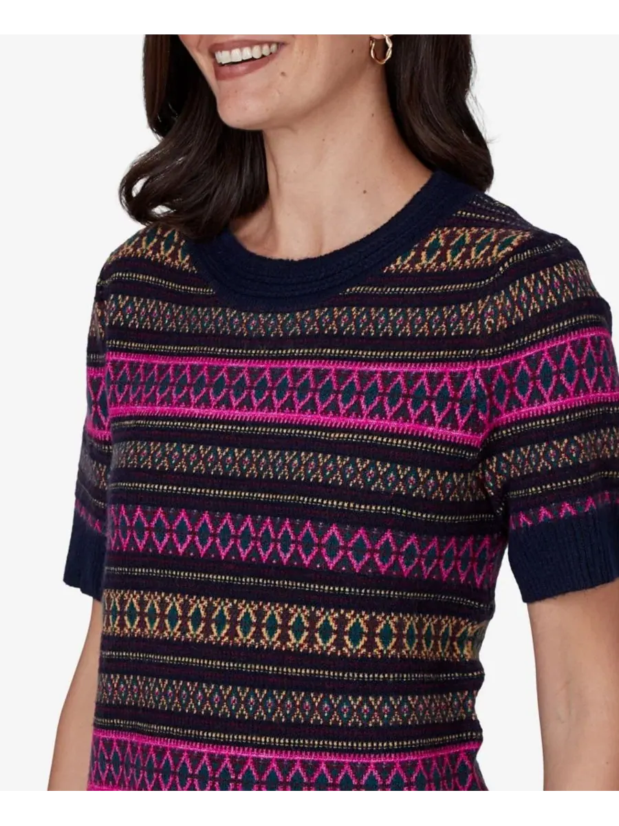 Свитер с коротким рукавом и круглым вырезом, модель Fair Isle Ruby Rd. — изображение 4 из 5, темно-синий мульти