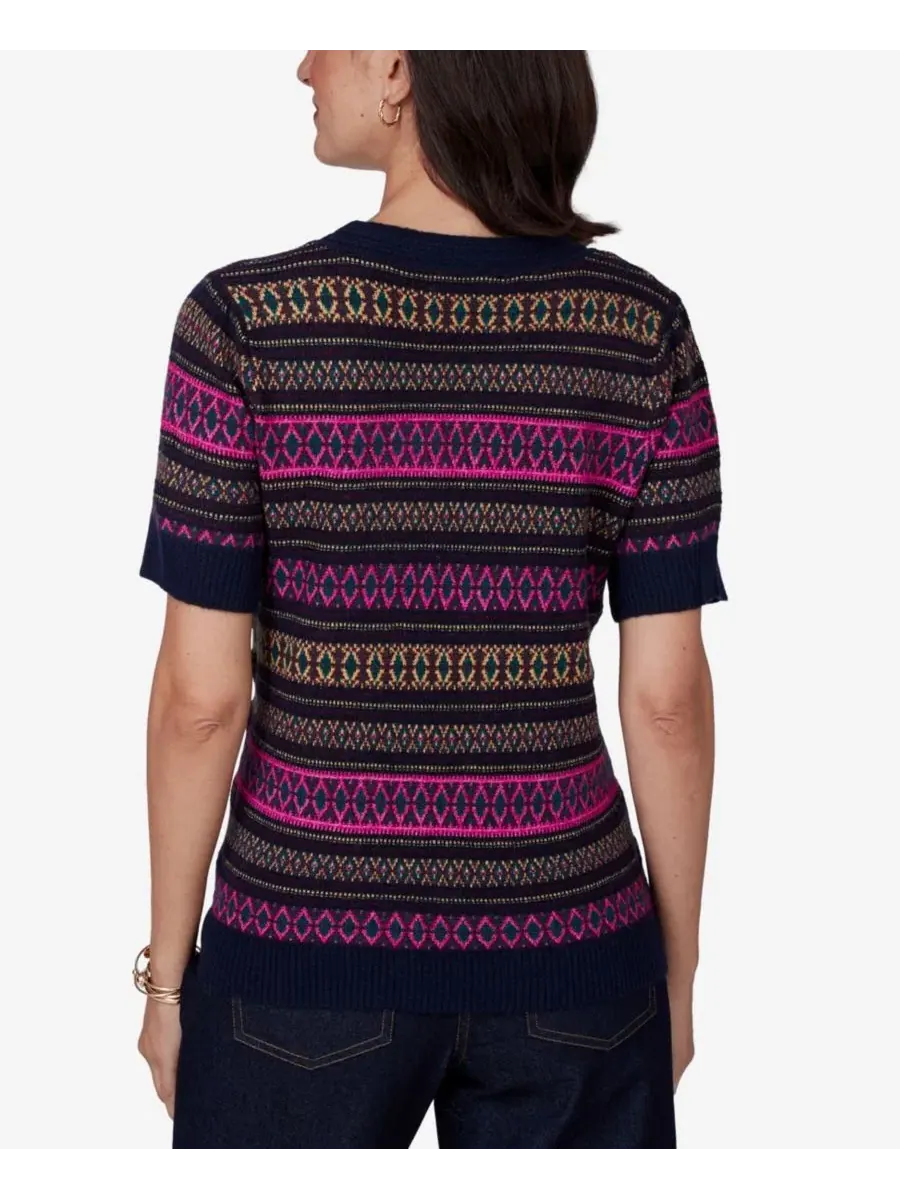 Свитер с коротким рукавом и круглым вырезом, модель Fair Isle Ruby Rd. — изображение 5 из 5, темно-синий мульти