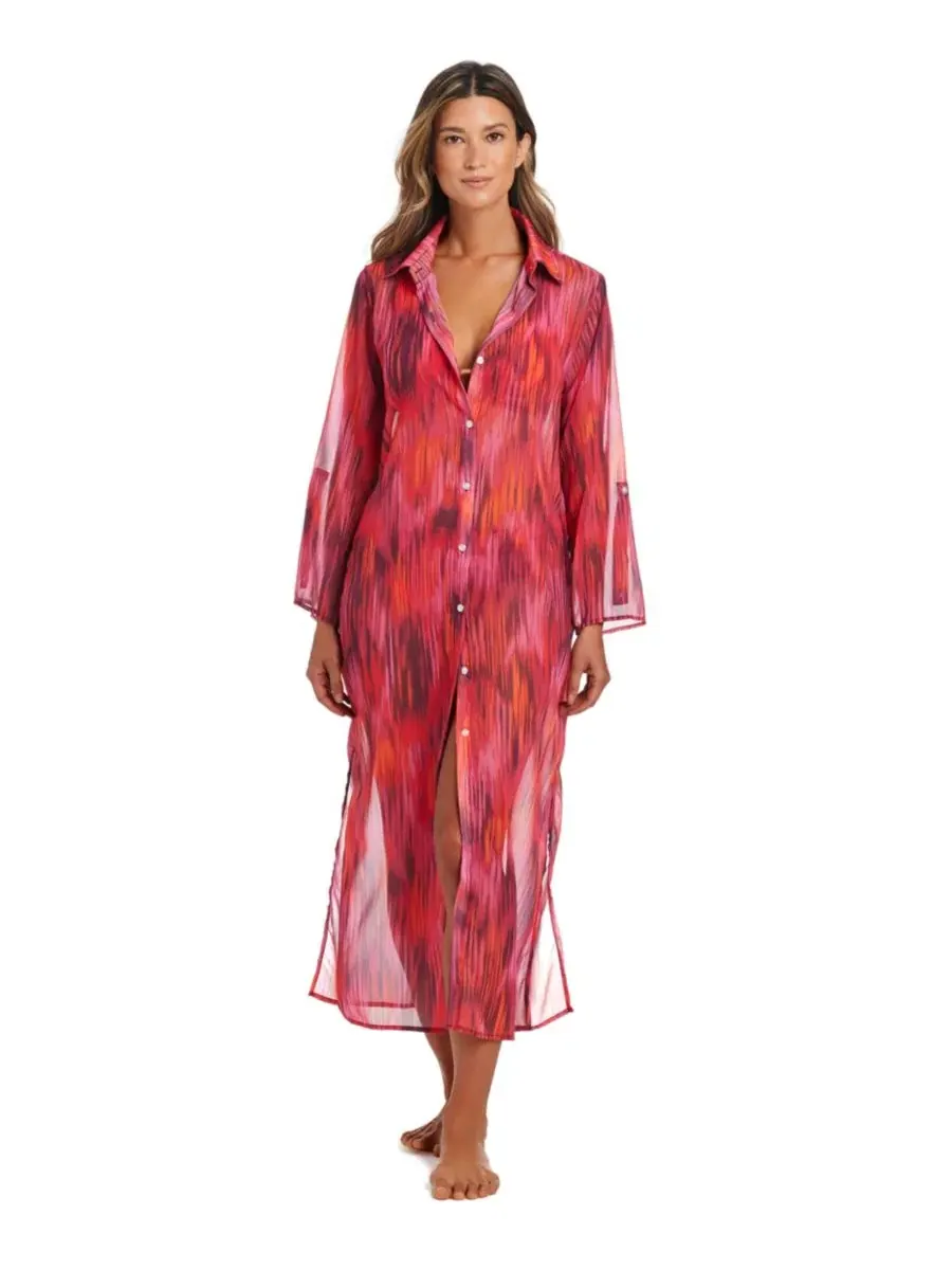 Пляжная рубашка с длинным рукавом, модель Chiffon Long Swim Cover-Up Bleu by Rod Beattie — розовый