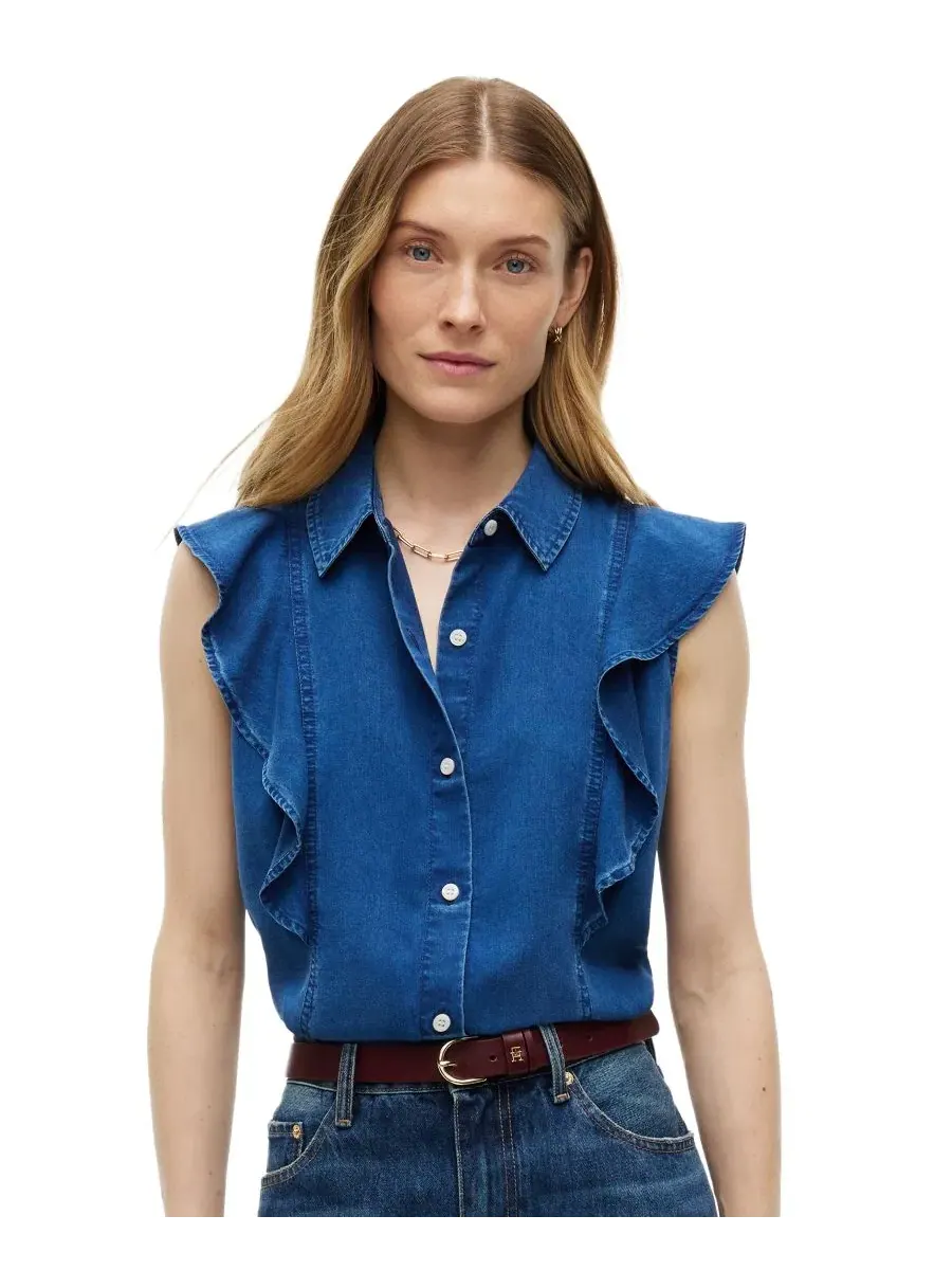 Женская рубашка без рукавов с рюшами Chambray Frill Sleeveless Button-Front Tommy Hilfiger — изображение 1 из 4, синий