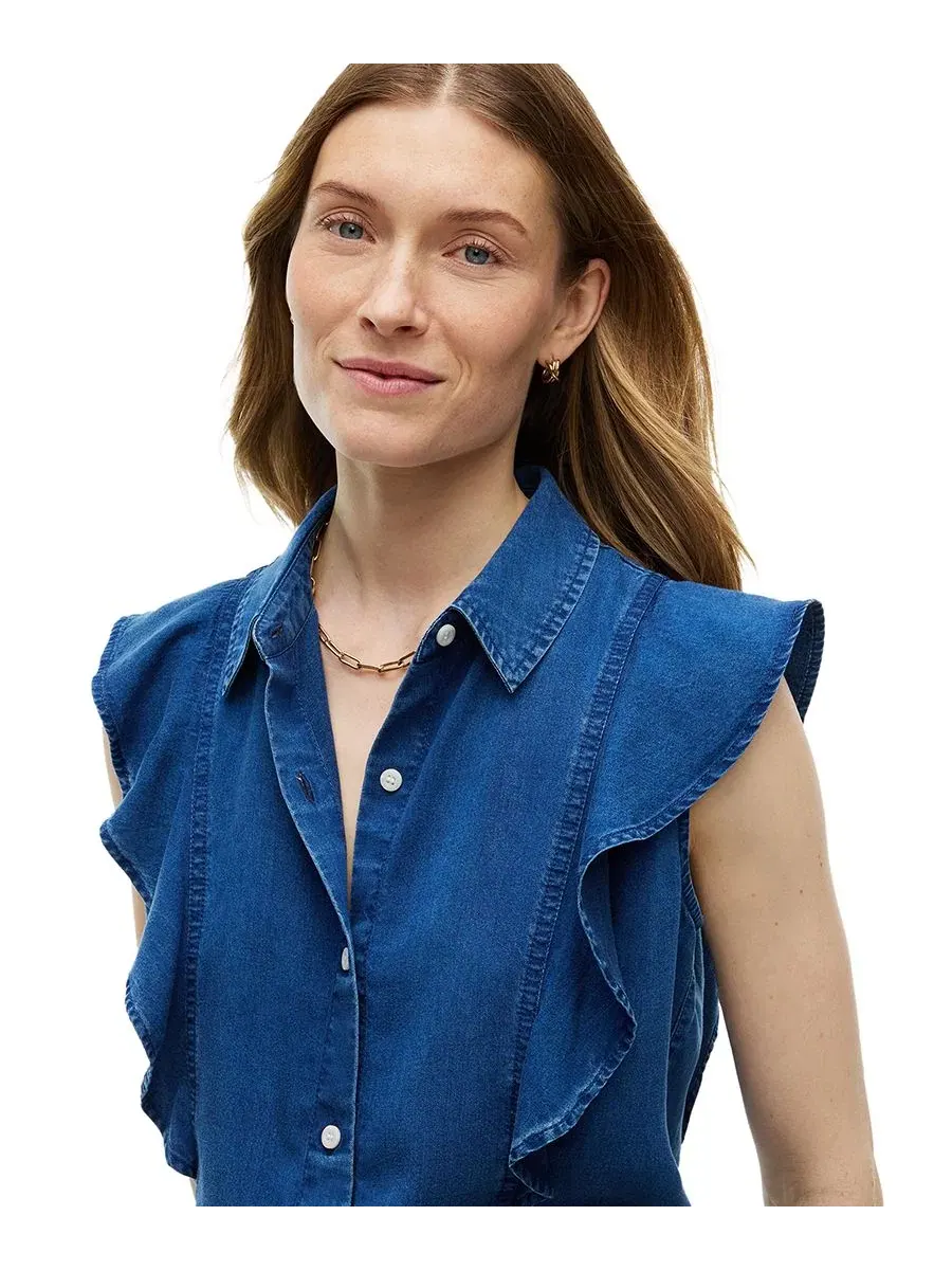 Женская рубашка без рукавов с рюшами Chambray Frill Sleeveless Button-Front Tommy Hilfiger — изображение 2 из 4, синий