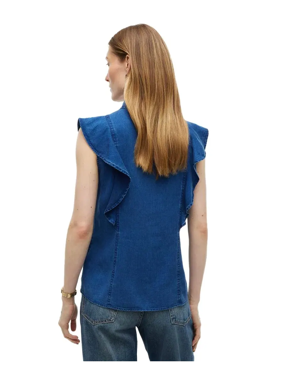 Женская рубашка без рукавов с рюшами Chambray Frill Sleeveless Button-Front Tommy Hilfiger — изображение 4 из 4, синий