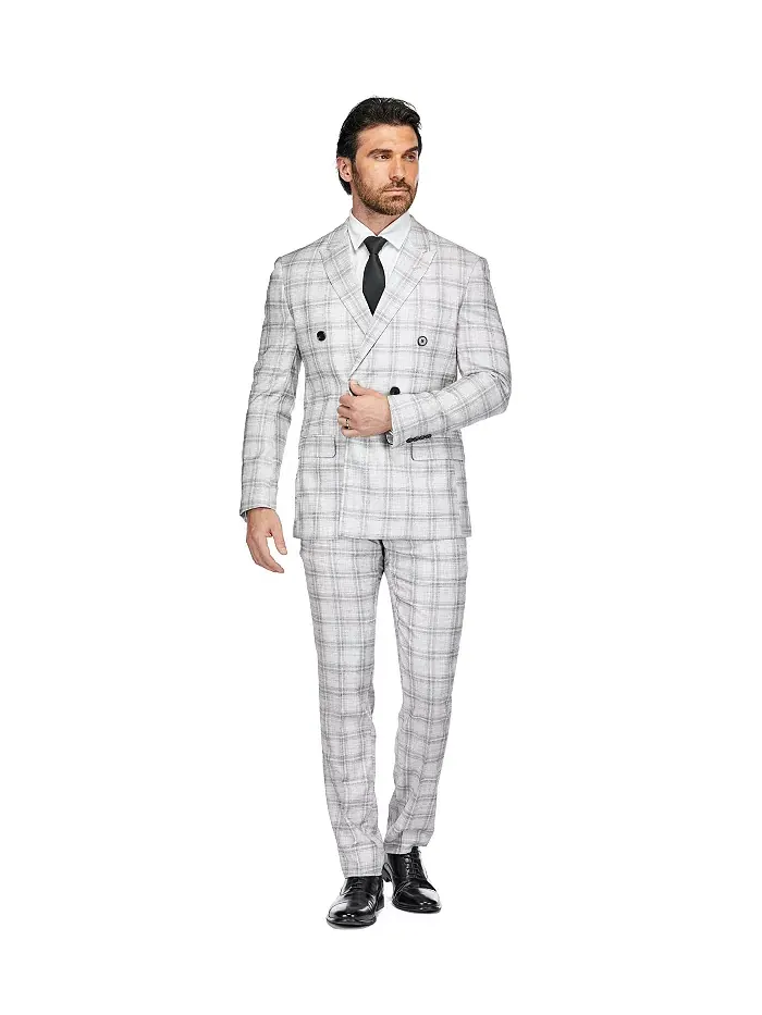 Мужской серый клетчатый двубортный костюм 2 предмета Slim Fit Gino Vitale — изображение 1 из 5, белый