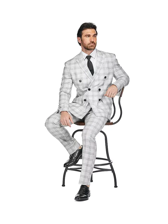 Мужской серый клетчатый двубортный костюм 2 предмета Slim Fit Gino Vitale — изображение 2 из 5, белый
