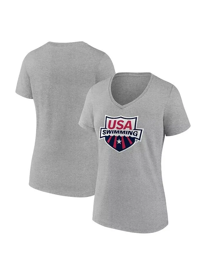 Женская футболка с v-образным вырезом и логотипом Heather Grey USA для плавания Primary Fanatics — изображение 1 из 3, серый