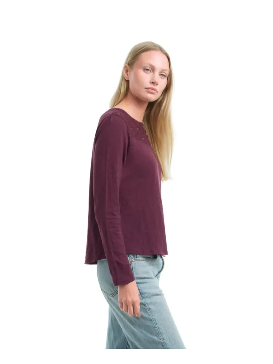 Женская футболка-поло с кружевной кокеткой WILT Clothing, темно-fig — изображение 3 из 6, фиолетовый