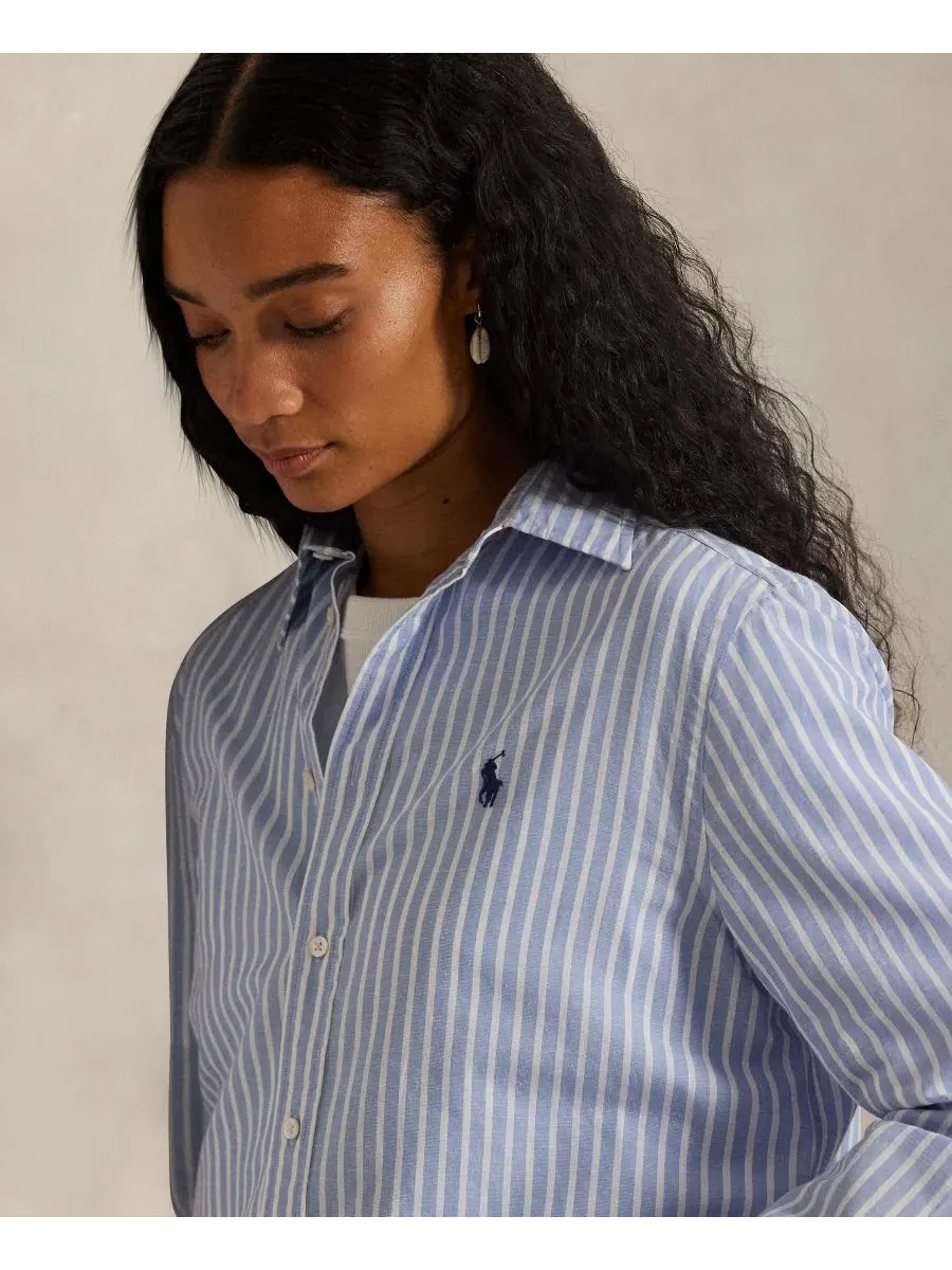 Женская полосатая рубашка с длинными рукавами и пуговицами спереди Polo Ralph Lauren — изображение 6 из 7, синий/белый