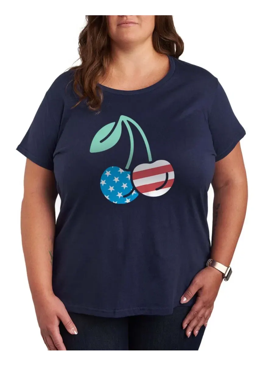 Футболка с принтом American Flag Cherries, Plus Size Hybrid Apparel — изображение 1 из 3, темно-синий
