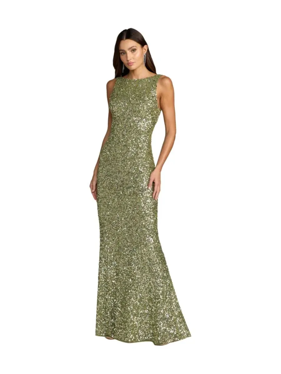 Платье-комбинация с блестками и открытой спиной, модель High-Neck Sequin Open-Back Gown Mac Duggal — изображение 1 из 3