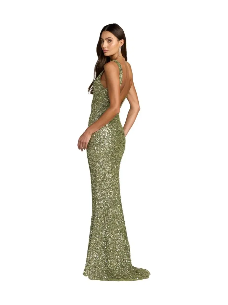 Платье-комбинация с блестками и открытой спиной, модель High-Neck Sequin Open-Back Gown Mac Duggal — изображение 2 из 3