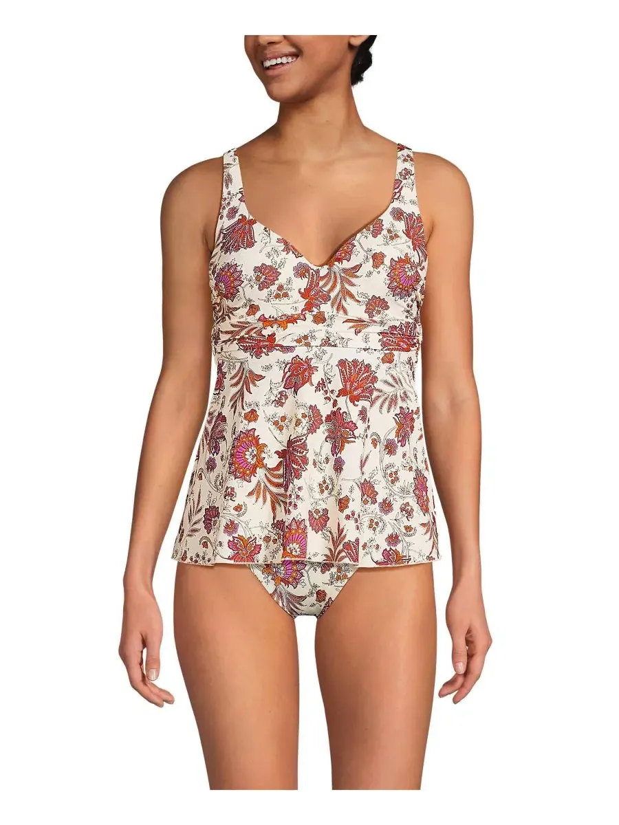 Танкини с сердцевидным вырезом и поясом Flutter Egret White Ornate Floral Lands' End — изображение 1 из 3, белый