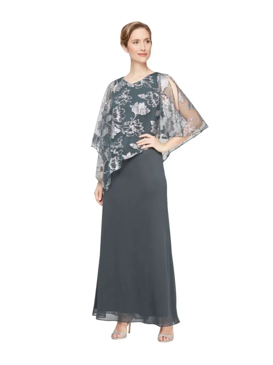 Макси-платье-трапеция с V-образным вырезом Petite V-Neck A-Line Ball Gown Dress SL Fashions — серебристый