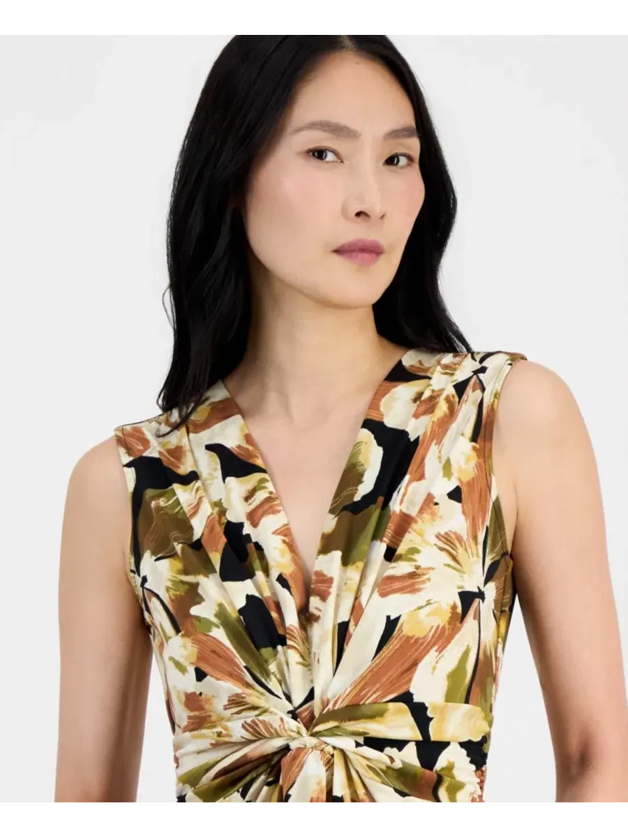 Женское длинное платье без рукавов с перекрученным передом Anne Klein — изображение 3 из 5, черный мульти