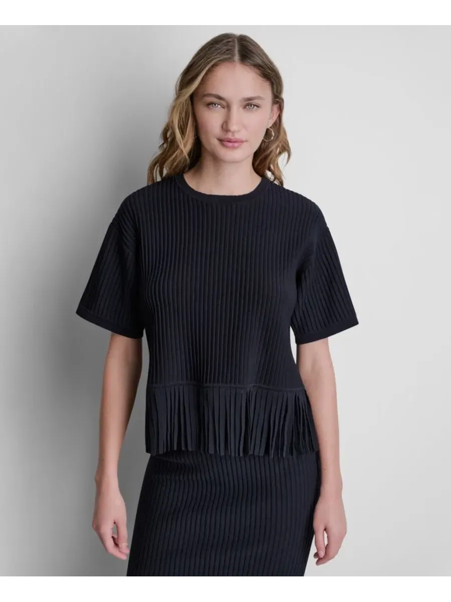 Топ-свитер с бахромой и круглым вырезом, короткий рукав DKNY — изображение 1 из 6, черный