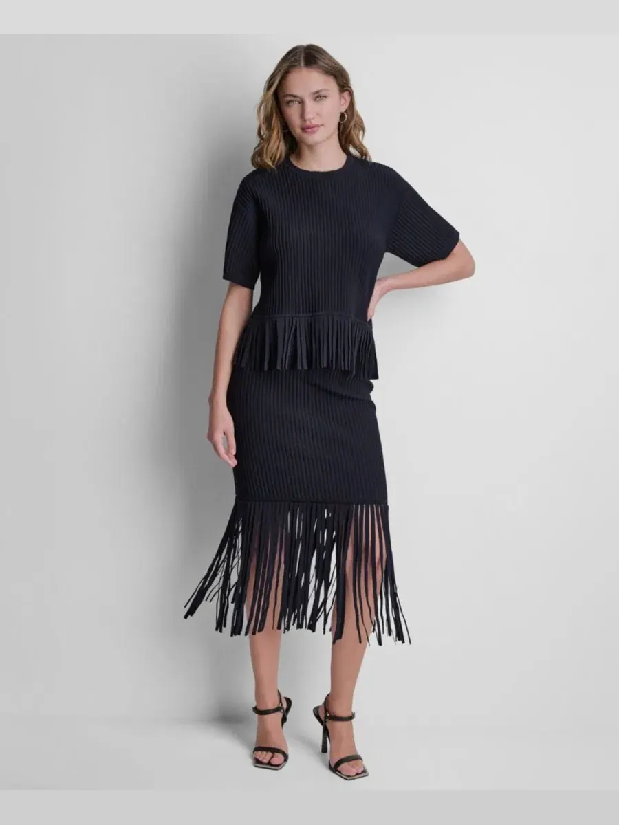 Топ-свитер с бахромой и круглым вырезом, короткий рукав DKNY — изображение 2 из 6, черный