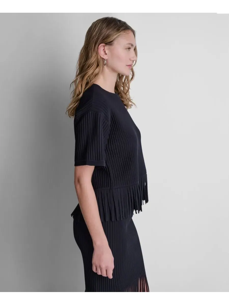 Топ-свитер с бахромой и круглым вырезом, короткий рукав DKNY — изображение 3 из 6, черный