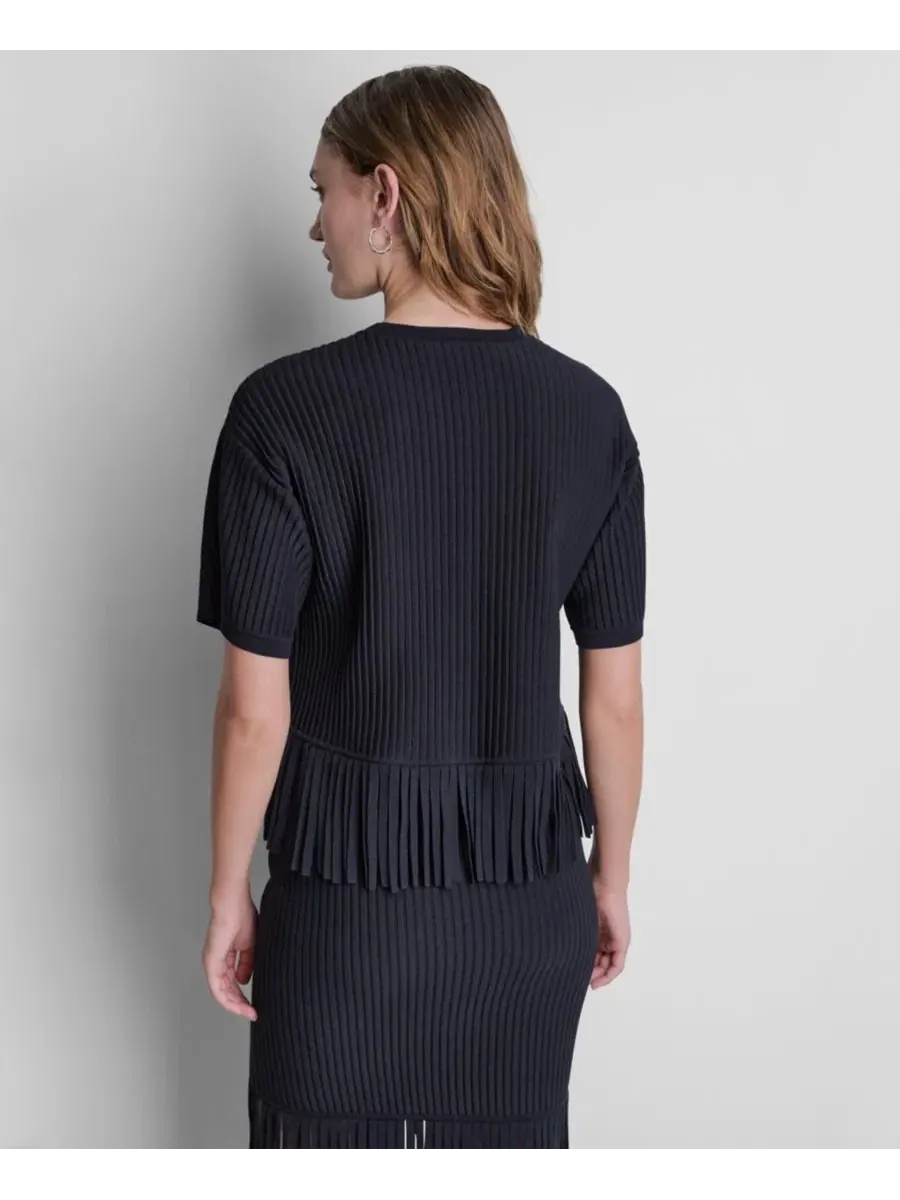 Топ-свитер с бахромой и круглым вырезом, короткий рукав DKNY — изображение 5 из 6, черный