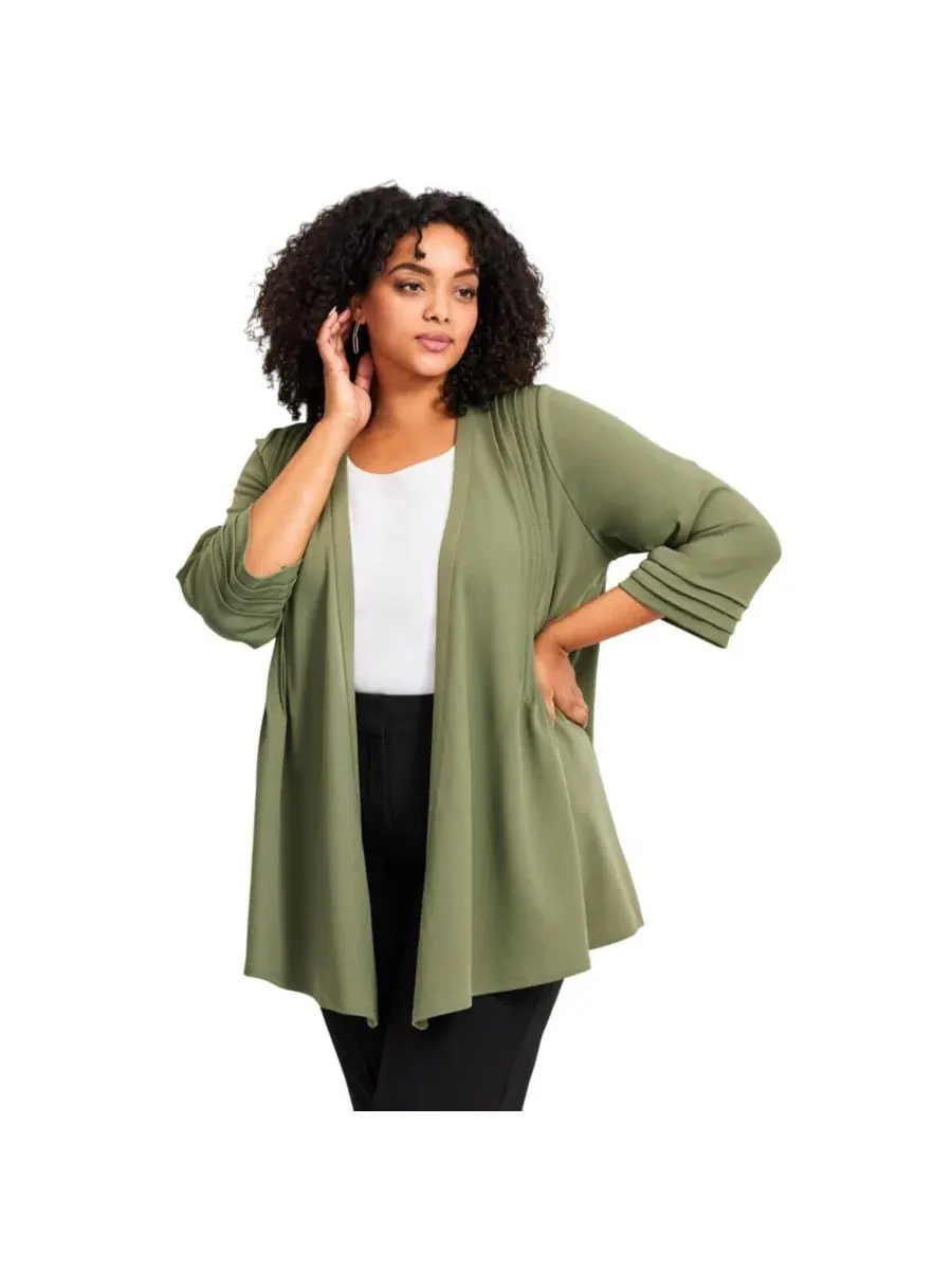 Жакет с открытым передом и рукавом 3/4 с драпировкой Plus Size Cascade AVENUE — изображение 1 из 3, оливковый зеленый