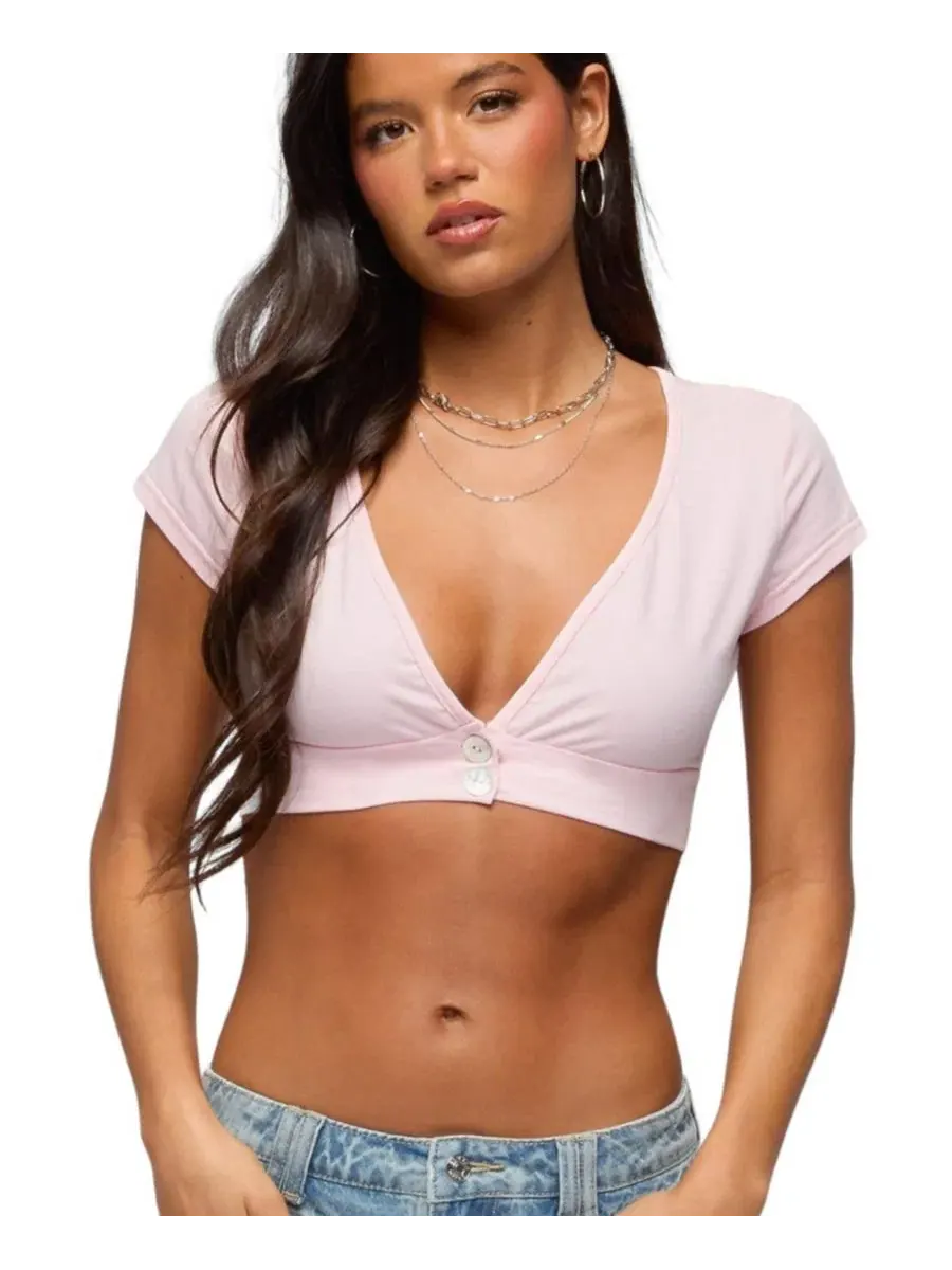 Топ на пуговицах укороченный Cecey Button Up Crop Top Edikted — изображение 1 из 5, розовый