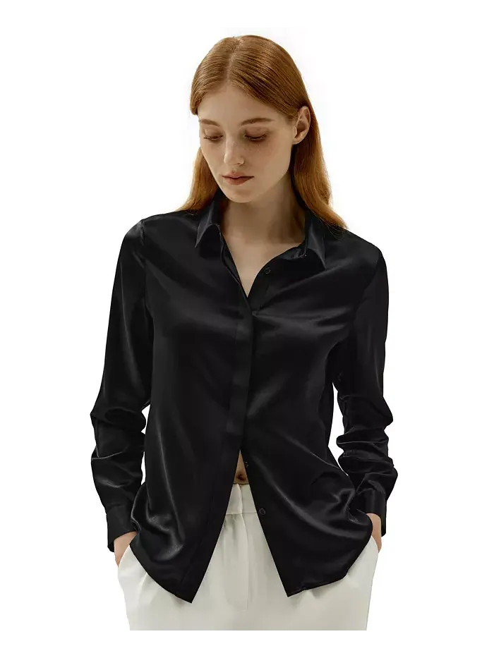 Женская шелковая рубашка Basic Concealed Placket LILYSILK — изображение 1 из 7, черный