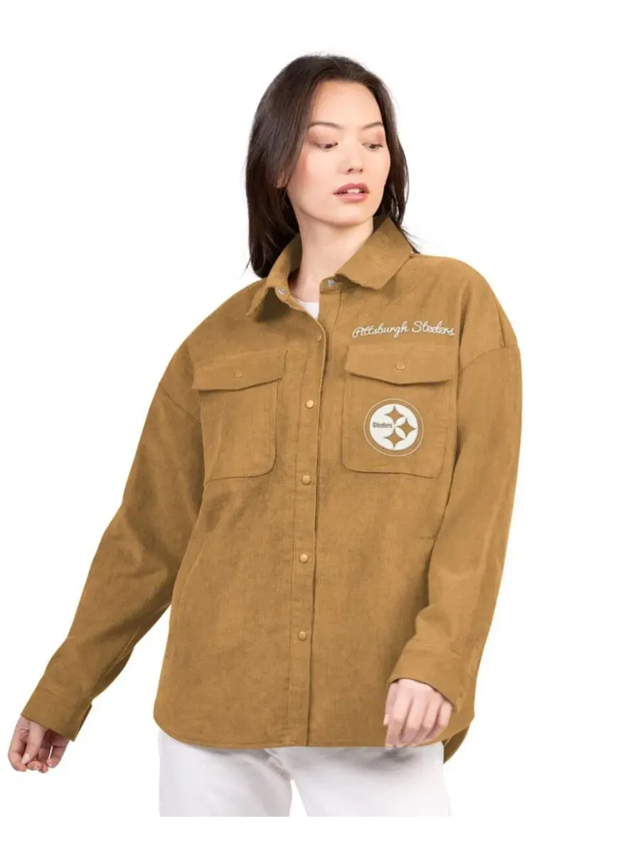 Женский жакет из вельвета с принтом Pittsburgh Steelers, модель Re-Match Corduroy Full-Snap Shacket — коричневый