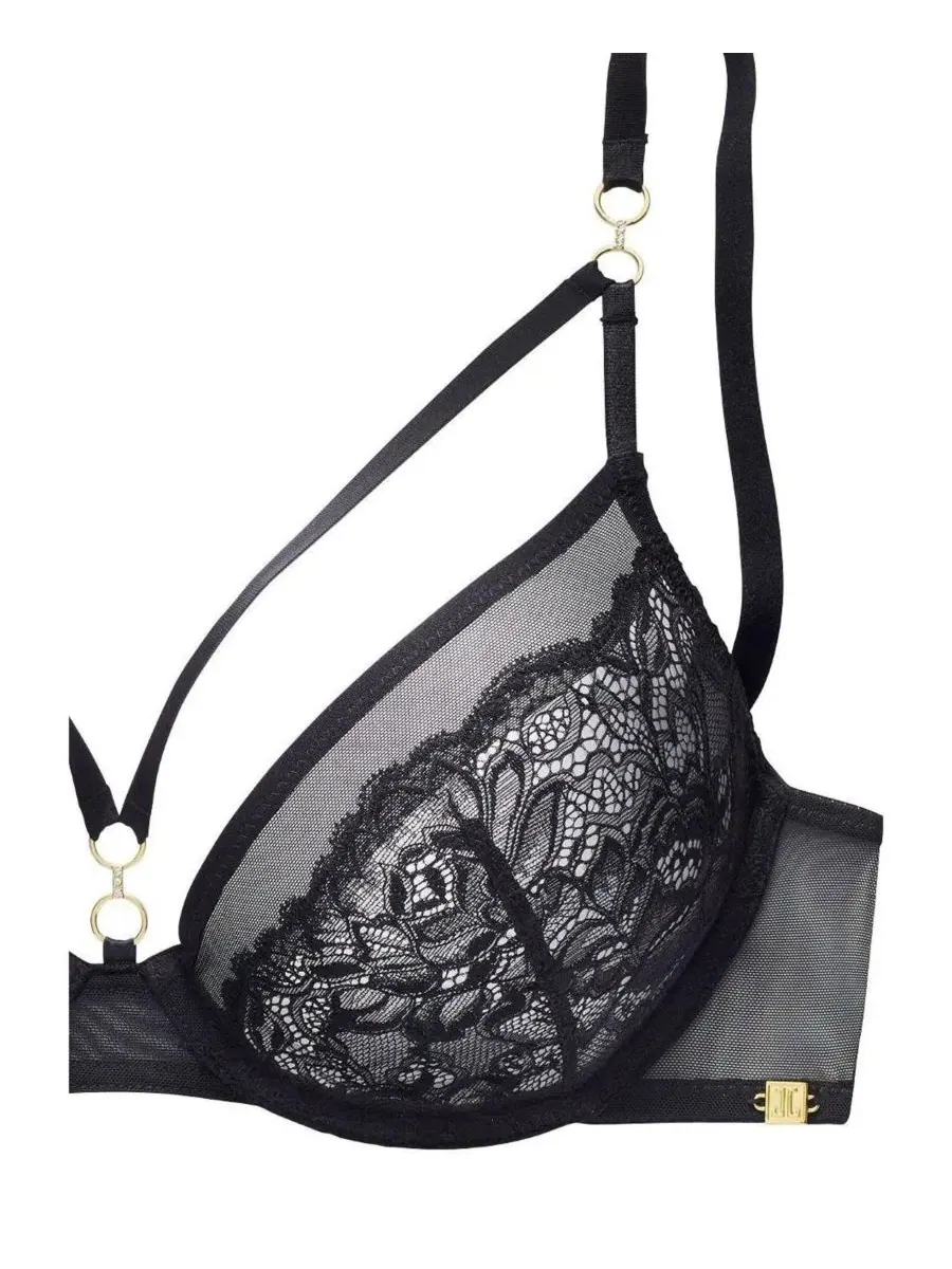 Бюстгальтер с кружевными чашками и металлическими кольцами Strappy Lace Underwire Bra LASCANA — изображение 6 из 7, черный