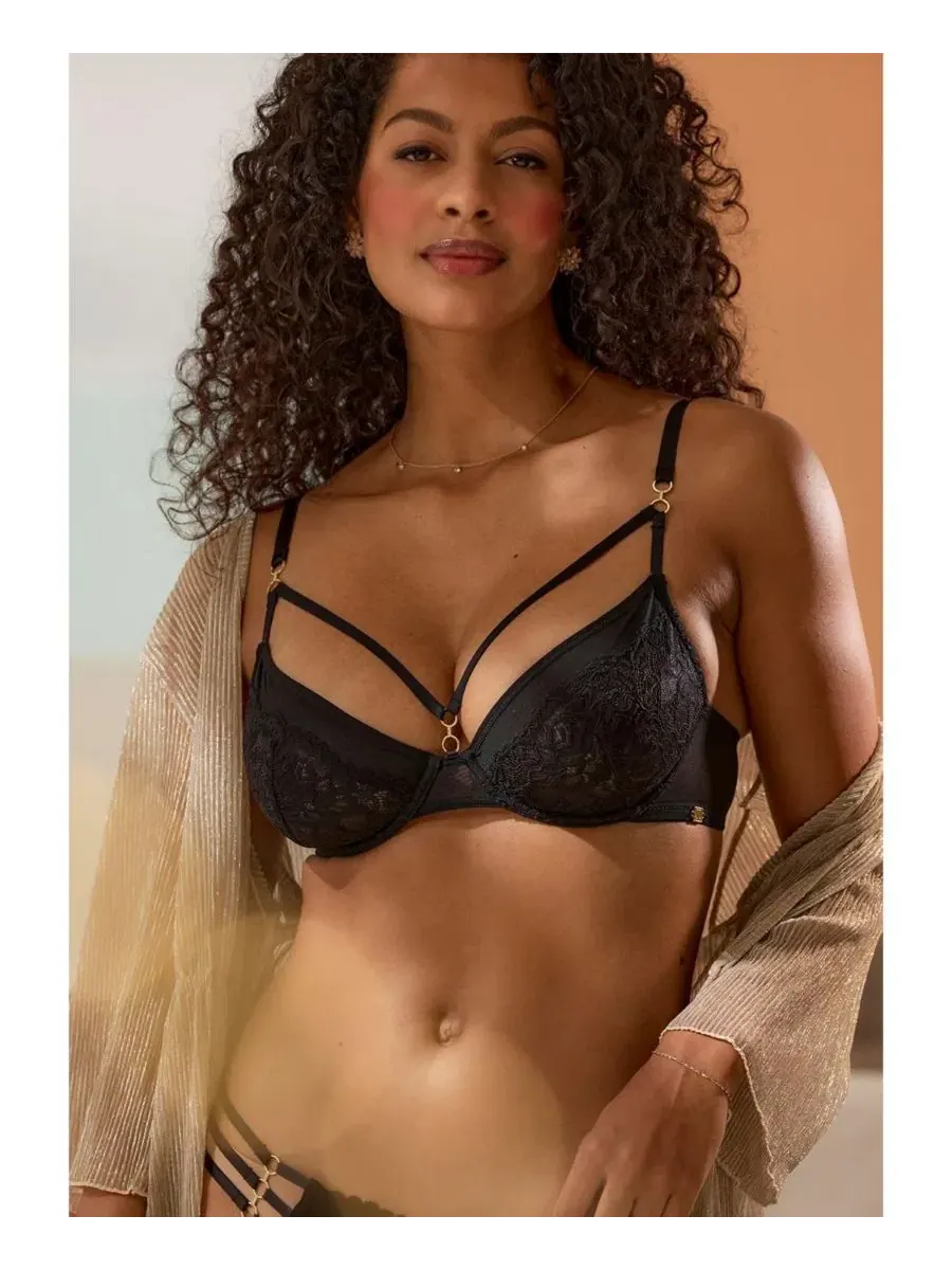 Бюстгальтер с кружевными чашками и металлическими кольцами Strappy Lace Underwire Bra LASCANA — изображение 7 из 7, черный