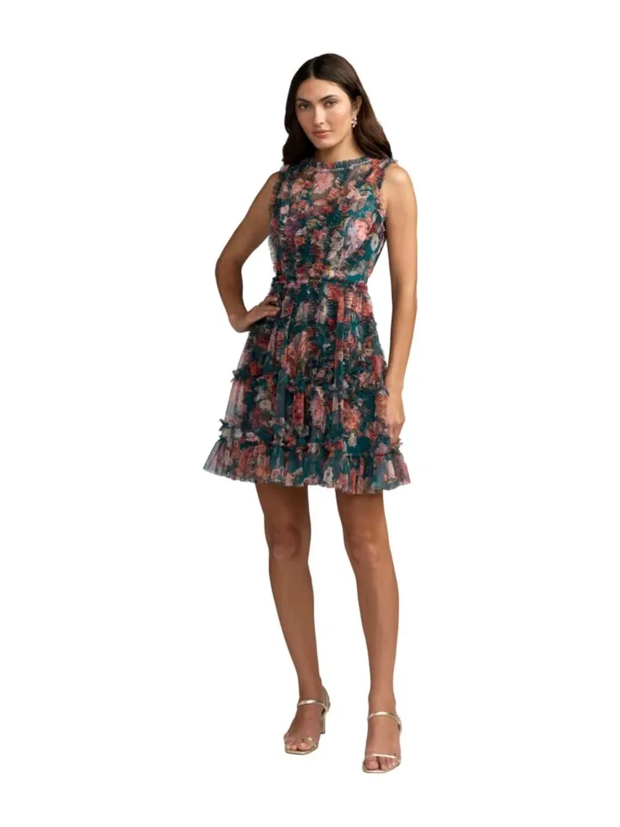 Платье-трапеция с принтом, модель Floral-Print A-Line Mini Dress Mac Duggal — изображение 1 из 3, черный мульти