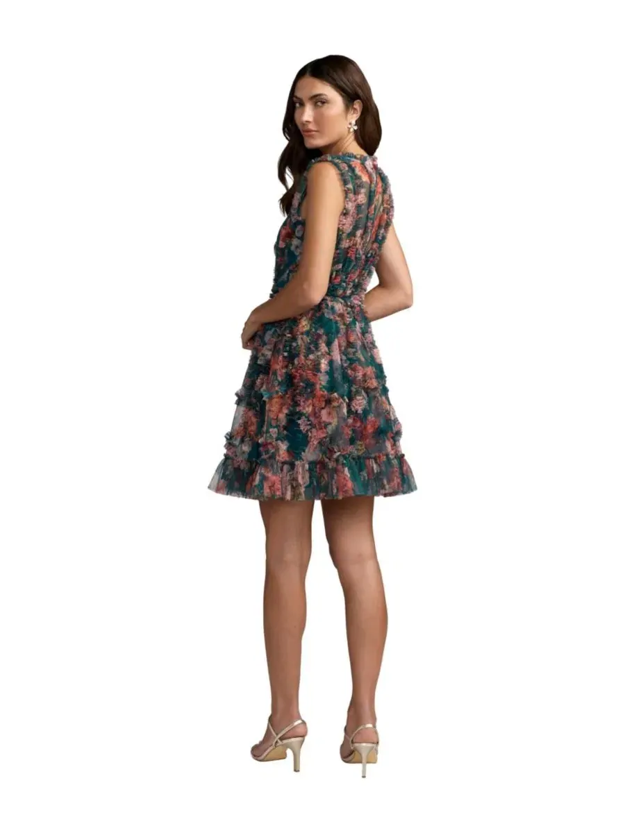Платье-трапеция с принтом, модель Floral-Print A-Line Mini Dress Mac Duggal — изображение 2 из 3, черный мульти