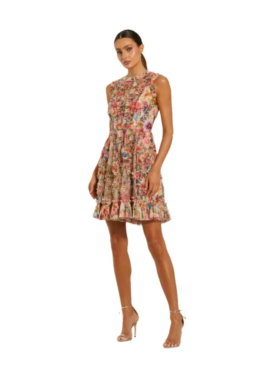 Платье-трапеция с принтом, модель Floral-Print A-Line Mini Mac Duggal — изображение 1 из 5, кремовый мульти