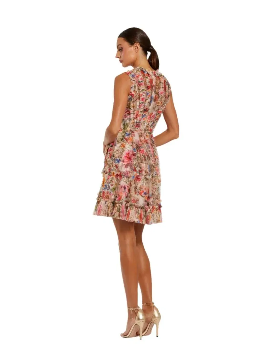 Платье-трапеция с принтом, модель Floral-Print A-Line Mini Mac Duggal — изображение 2 из 5, кремовый мульти