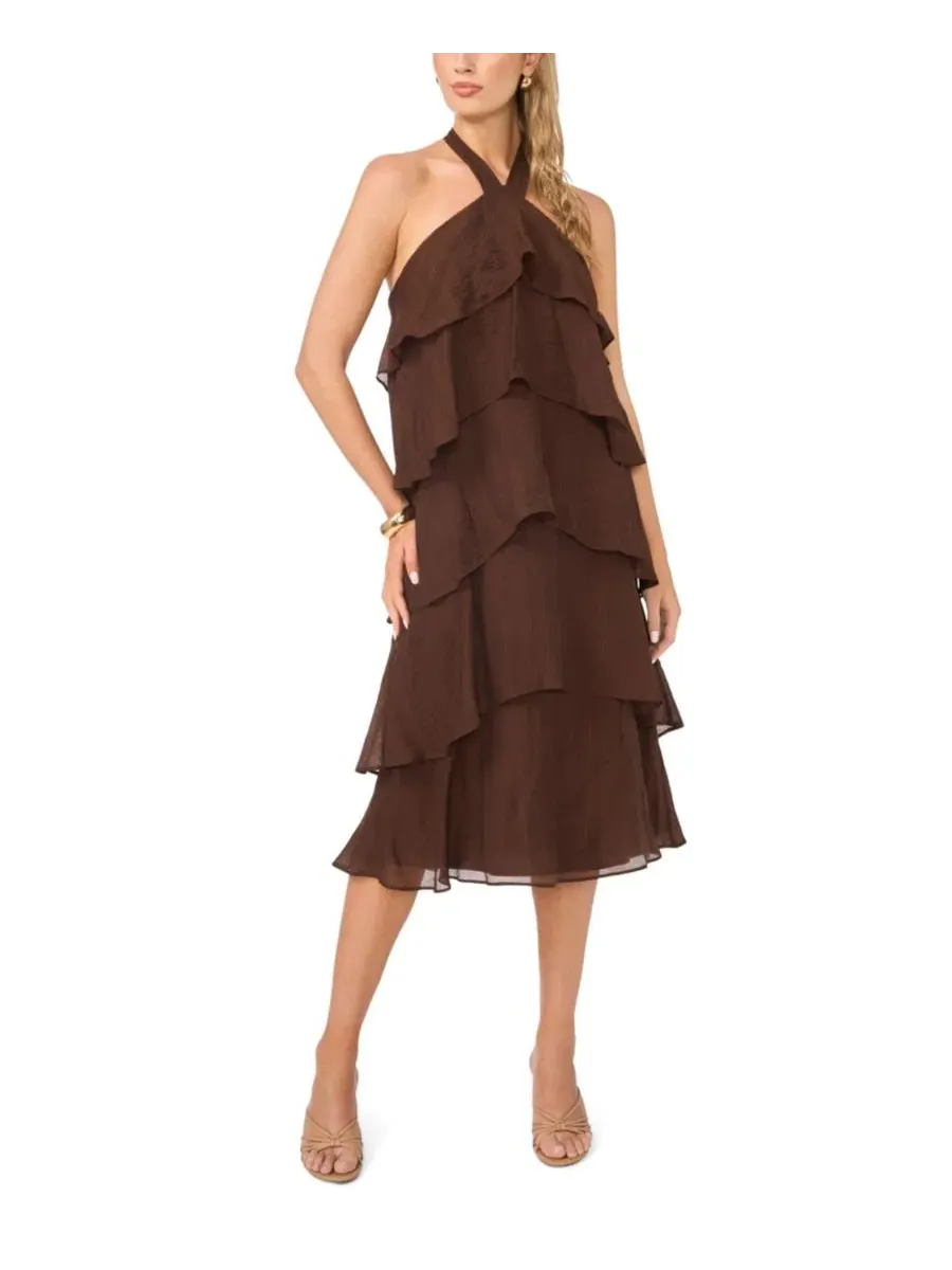 Платье миди с запахом и ярусной юбкой, модель Five Tier Halter Neck Vince Camuto