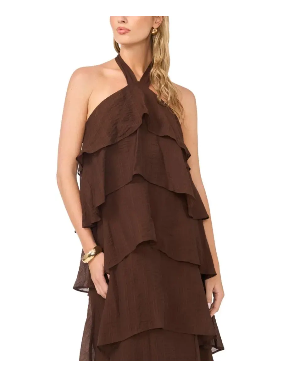 Платье миди с запахом и ярусной юбкой, модель Five Tier Halter Neck Vince Camuto — изображение 2 из 4, коричневый