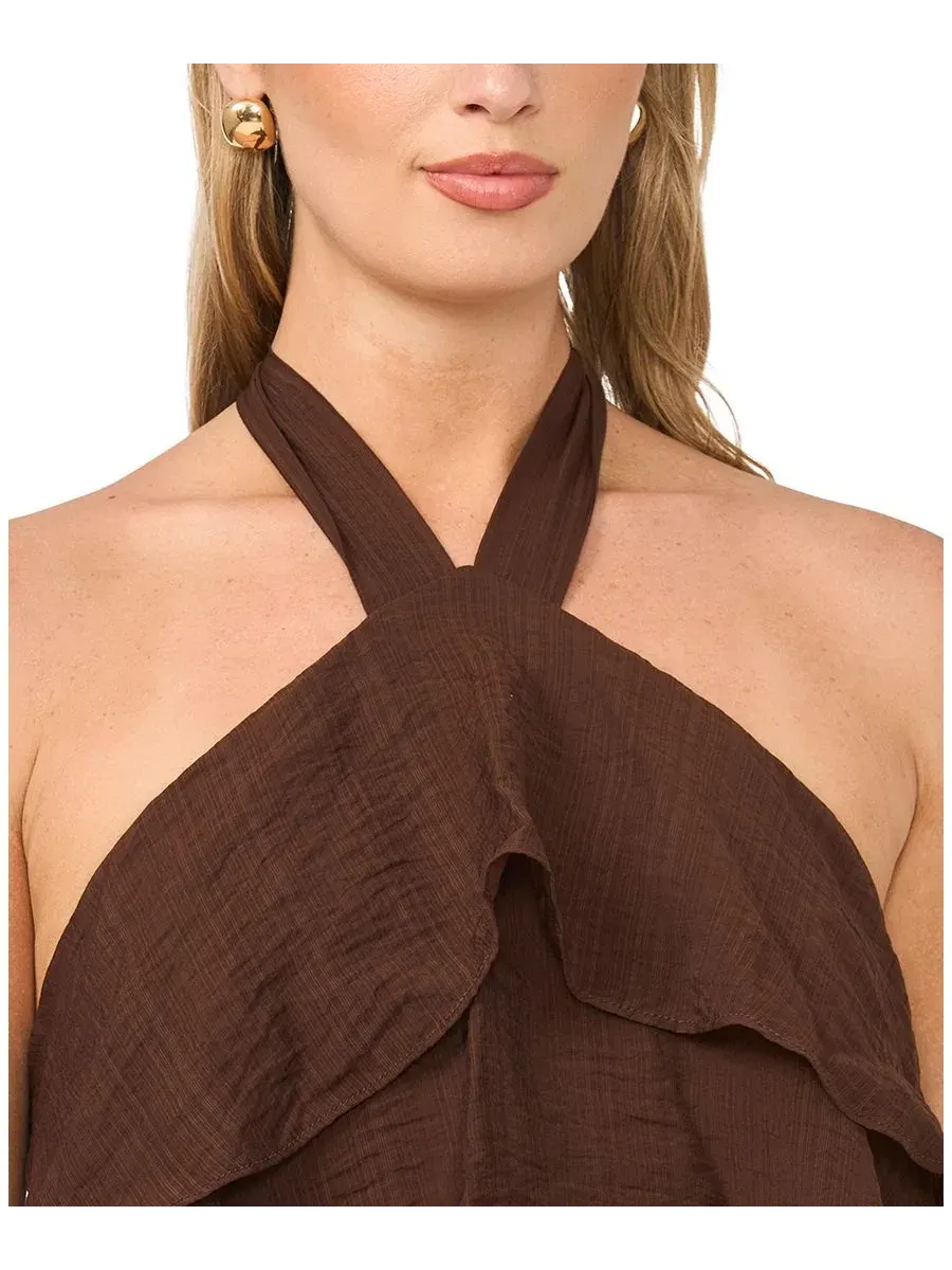 Платье миди с запахом и ярусной юбкой, модель Five Tier Halter Neck Vince Camuto — изображение 3 из 4, коричневый