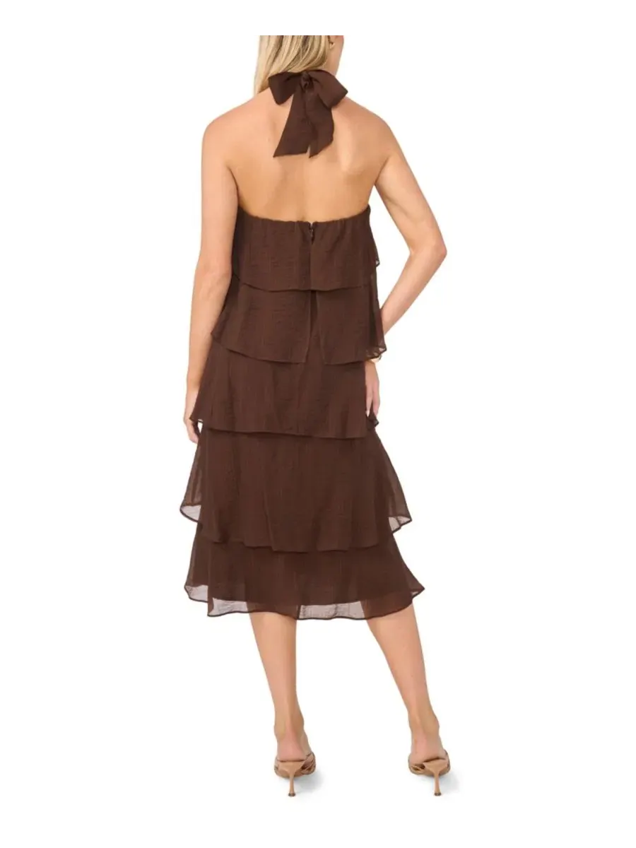 Платье миди с запахом и ярусной юбкой, модель Five Tier Halter Neck Vince Camuto — изображение 4 из 4, коричневый